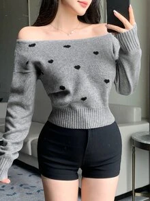 DAZY Women's Korean Style Sexy Ribbed Patchwork Asymmetric Shoulder Sweater - Grey - View 7