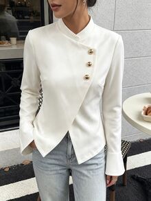 SHEIN Women's Elegant Asymmetric Diagonal Button Flared Sleeve Commuter Soft Jacket - Apricot - View 6