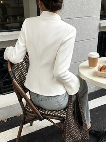 SHEIN Women's Elegant Asymmetric Diagonal Button Flared Sleeve Commuter Soft Jacket - Apricot - View 2