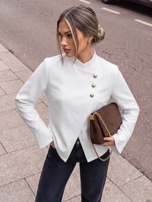 SHEIN Women's Elegant Asymmetric Diagonal Button Flared Sleeve Commuter Soft Jacket - Apricot - View 3