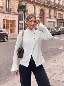 SHEIN Women's Elegant Asymmetric Diagonal Button Flared Sleeve Commuter Soft Jacket - Apricot - View 4