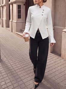 SHEIN Women's Elegant Asymmetric Diagonal Button Flared Sleeve Commuter Soft Jacket - Apricot - View 5