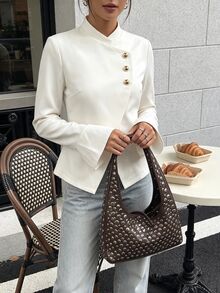 SHEIN Women's Elegant Asymmetric Diagonal Button Flared Sleeve Commuter Soft Jacket - Apricot - View 7
