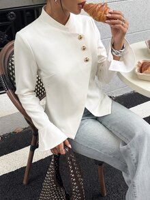 SHEIN Women's Elegant Asymmetric Diagonal Button Flared Sleeve Commuter Soft Jacket - Apricot - View 1
