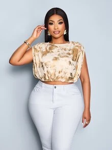 SOLERSUN Women's Plus Size Spring Summer Fashion Casual Elegant Daily Simple Daily Wear Ruched Mesh Metallic Fabric T-Shirt - Apricot - View 4