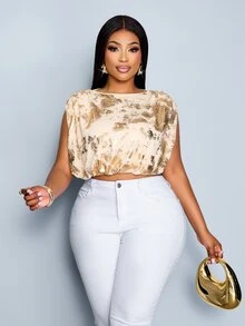 SOLERSUN Women's Plus Size Spring Summer Fashion Casual Elegant Daily Simple Daily Wear Ruched Mesh Metallic Fabric T-Shirt - Apricot - View 2