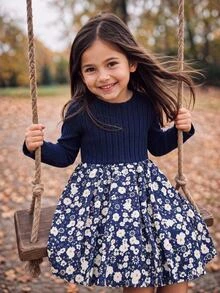 LMoss Kids 女童針織純色拼接梭織花卉下擺休閒仙女牛仔風洋裝，生日海軍藍秋季款 - 彩色 - 查看 3