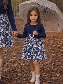 LMoss Kids 女童針織純色拼接梭織花卉下擺休閒仙女牛仔風洋裝，生日海軍藍秋季款 - 彩色 - 查看 1