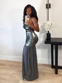 BamGleam 女款時尚派對夜生活晚餐約會金屬感露背掛脖洋裝 深灰色 夏季性感優雅雞尾酒洋裝 - 灰色 - 查看 10