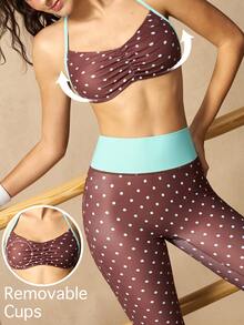 VARSIVA Women Sports Activewear Polka Dot Print Halter Top & Leggings Set - Brown - View 2