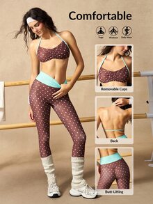 VARSIVA Women Sports Activewear Polka Dot Print Halter Top & Leggings Set - Brown - View 10