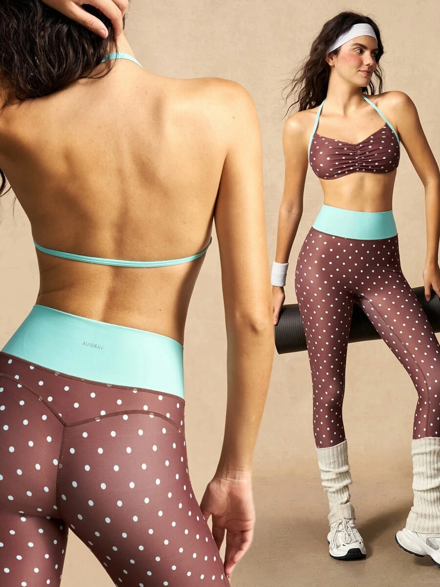 VARSIVA Women Sports Activewear Polka Dot Print Halter Top & Leggings Set - Brown - View 1