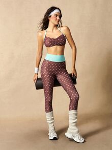 VARSIVA Women Sports Activewear Polka Dot Print Halter Top & Leggings Set - Brown - View 4