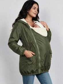 SHEIN Maternity 3-In-1 Long-Sleeve Hooded Jacket (Green And Off-White Color-Block); Features A Drawstring Waist And Warm Fleece Lining; Suitable For Winter. - Army Green - View 10