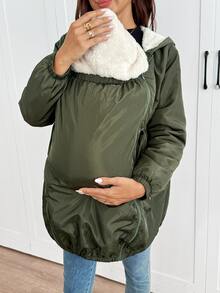 SHEIN Maternity 3-In-1 Long-Sleeve Hooded Jacket (Green And Off-White Color-Block); Features A Drawstring Waist And Warm Fleece Lining; Suitable For Winter. - Army Green - View 9