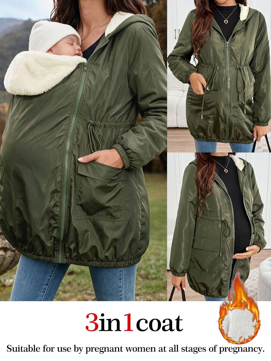 SHEIN Maternity 3-In-1 Long-Sleeve Hooded Jacket (Green And Off-White Color-Block); Features A Drawstring Waist And Warm Fleece Lining; Suitable For Winter. - Army Green - View 1
