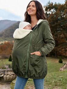 SHEIN Maternity 3-In-1 Long-Sleeve Hooded Jacket (Green And Off-White Color-Block); Features A Drawstring Waist And Warm Fleece Lining; Suitable For Winter. - Army Green - View 2