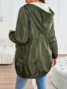 SHEIN Maternity 3-In-1 Long-Sleeve Hooded Jacket (Green And Off-White Color-Block); Features A Drawstring Waist And Warm Fleece Lining; Suitable For Winter. - Army Green - View 5