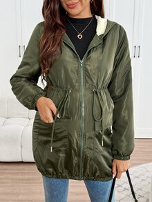 SHEIN Maternity 3-In-1 Long-Sleeve Hooded Jacket (Green And Off-White Color-Block); Features A Drawstring Waist And Warm Fleece Lining; Suitable For Winter. - Army Green - View 8