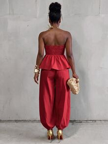 BamGlimmer Red Woven Two Pieces Set, Sweetheart-Neckline And Waist-Hugging Leaf-Shaped Top + Lantern-Style Wide-Leg Pants, Light Luxury Retro High-End Style - Red - View 3