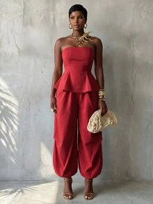 BamGlimmer Red Woven Two Pieces Set, Sweetheart-Neckline And Waist-Hugging Leaf-Shaped Top + Lantern-Style Wide-Leg Pants, Light Luxury Retro High-End Style - Red - View 4