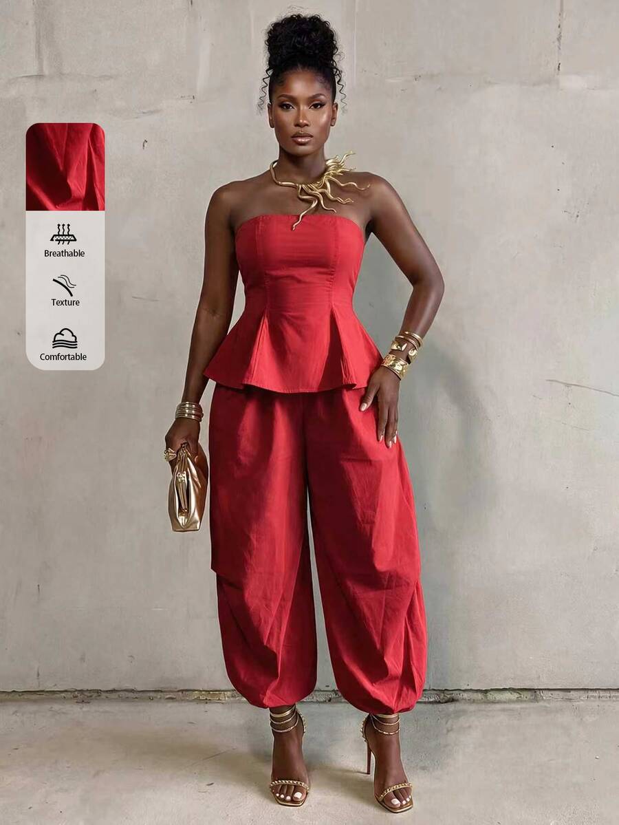 BamGlimmer Red Woven Two Pieces Set, Sweetheart-Neckline And Waist-Hugging Leaf-Shaped Top + Lantern-Style Wide-Leg Pants, Light Luxury Retro High-End Style