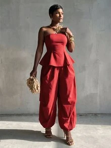BamGlimmer Red Woven Two Pieces Set, Sweetheart-Neckline And Waist-Hugging Leaf-Shaped Top + Lantern-Style Wide-Leg Pants, Light Luxury Retro High-End Style - Red - View 6