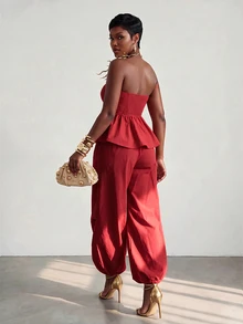 BamGlimmer Red Woven Two Pieces Set, Sweetheart-Neckline And Waist-Hugging Leaf-Shaped Top + Lantern-Style Wide-Leg Pants, Light Luxury Retro High-End Style - Red - View 7