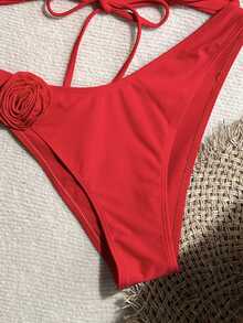 SHEIN Swim 2 件套女士纯色花卉装饰性感比基尼套装适合海滩度假 2025 年夏季 - 紅色 - 查看 4