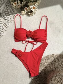 SHEIN Swim 2 件套女士纯色花卉装饰性感比基尼套装适合海滩度假 2025 年夏季 - 紅色 - 查看 1