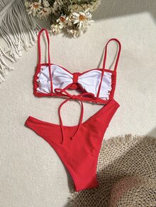 SHEIN Swim 2 件套女士纯色花卉装饰性感比基尼套装适合海滩度假 2025 年夏季 - 紅色 - 查看 2