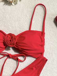 SHEIN Swim 2 件套女士纯色花卉装饰性感比基尼套装适合海滩度假 2025 年夏季 - 紅色 - 查看 3