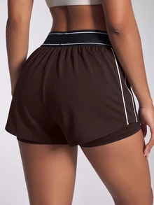 CourtClass CourtClass Spring/Summer Women's Sports Shorts White And Black Loose Fit 2 In 1 Colorblock Striped High Elastic Waistband Side Patchwork With Detachable Liner - Brown - View 7
