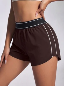 CourtClass CourtClass Spring/Summer Women's Sports Shorts White And Black Loose Fit 2 In 1 Colorblock Striped High Elastic Waistband Side Patchwork With Detachable Liner - Brown - View 5