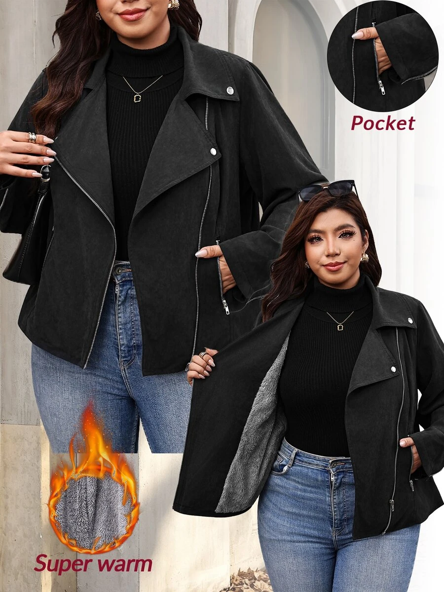 SHEIN Clasi Plus Size Fashion Zipper Pocket Long Sleeve Lapel Collar Jacket For Daily Wear Winter - Black - View 1