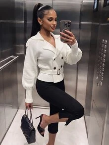 Amplova Women's Raglan Long Sleeve Notch Lapel Waist-Cinching Knit Cardigan - White - View 2
