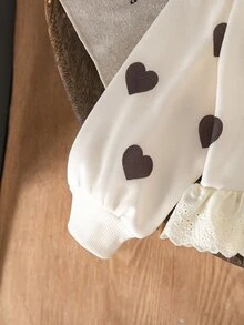 Genkimix Kids Girls' Minimalist Fashionable English Slogan Embroidered 3D Bow Decor Hem Patchwork White Ruffle Trim Gray Fleece Loose Drop Shoulder Long Sleeve Crew Neck Pullover Sweatshirt, Autumn - Beige - View 8