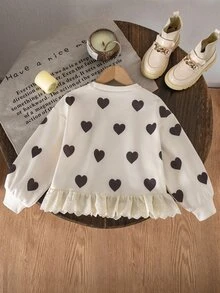 Genkimix Kids Girls' Minimalist Fashionable English Slogan Embroidered 3D Bow Decor Hem Patchwork White Ruffle Trim Gray Fleece Loose Drop Shoulder Long Sleeve Crew Neck Pullover Sweatshirt, Autumn - Beige - View 2