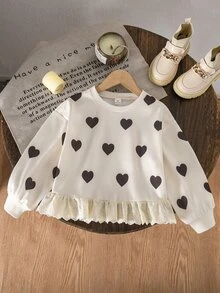 Genkimix Kids Girls' Minimalist Fashionable English Slogan Embroidered 3D Bow Decor Hem Patchwork White Ruffle Trim Gray Fleece Loose Drop Shoulder Long Sleeve Crew Neck Pullover Sweatshirt, Autumn - Beige - View 5