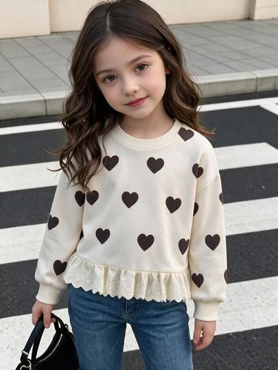 Genkimix Kids Girls' Minimalist Fashionable English Slogan Embroidered 3D Bow Decor Hem Patchwork White Ruffle Trim Gray Fleece Loose Drop Shoulder Long Sleeve Crew Neck Pullover Sweatshirt, Autumn
