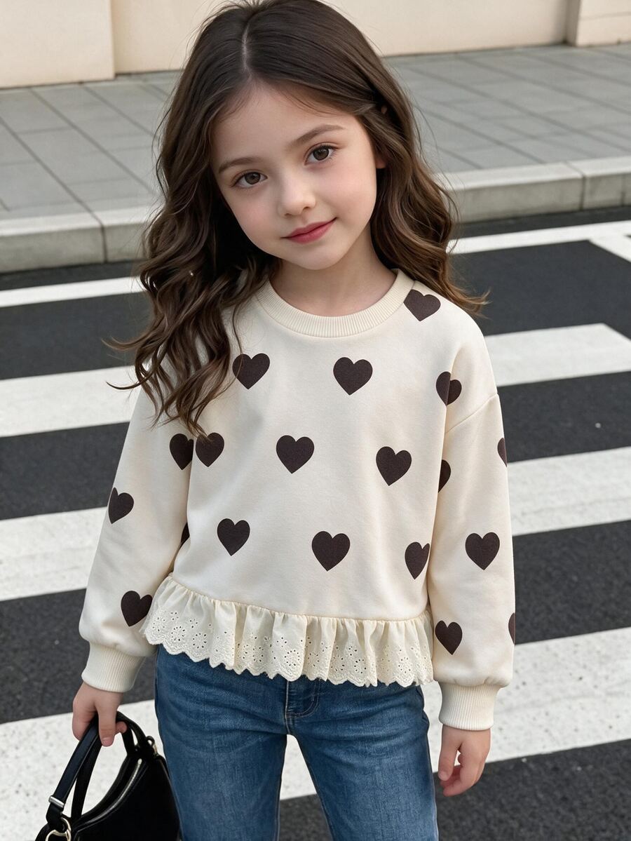 Genkimix Kids Girls' Minimalist Fashionable English Slogan Embroidered 3D Bow Decor Hem Patchwork White Ruffle Trim Gray Fleece Loose Drop Shoulder Long Sleeve Crew Neck Pullover Sweatshirt, Autumn - Beige - View 1