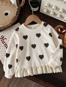 Genkimix Kids Girls' Minimalist Fashionable English Slogan Embroidered 3D Bow Decor Hem Patchwork White Ruffle Trim Gray Fleece Loose Drop Shoulder Long Sleeve Crew Neck Pullover Sweatshirt, Autumn - Beige - View 3