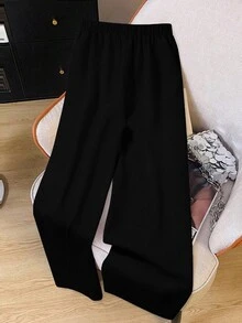 SHEIN Clasi Plus Size Women's Fashion Commuter Versatile Floral Decor Color Block Straight Leg Suit Pants - Black - View 2
