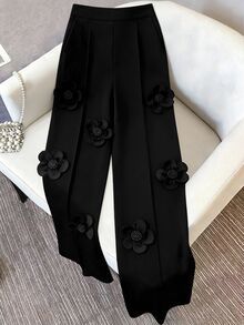 SHEIN Clasi Plus Size Women's Fashion Commuter Versatile Floral Decor Color Block Straight Leg Suit Pants - Black - View 6