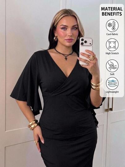 SHEIN CURVE+ 女士加大码V领荷叶袖黑色T恤