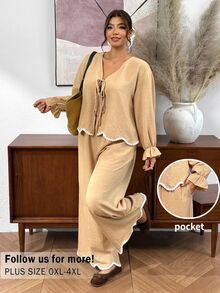 Lounesse Plus Size Women's Front Tie Long Sleeve Shirt And Wide Leg Pants Casual 2 Pieces Set For Women Fall/Winter Casual Teacher Outfits Set For Homecoming - Mocha Brown - View 2