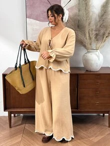 Lounesse Plus Size Women's Front Tie Long Sleeve Shirt And Wide Leg Pants Casual 2 Pieces Set For Women Fall/Winter Casual Teacher Outfits Set For Homecoming - Mocha Brown - View 5