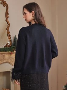 Anewsta 女款秋冬高級亮片裝飾針織開襟外套，休閒通勤V領開襟設計 - 藏蓝色 - 查看 7