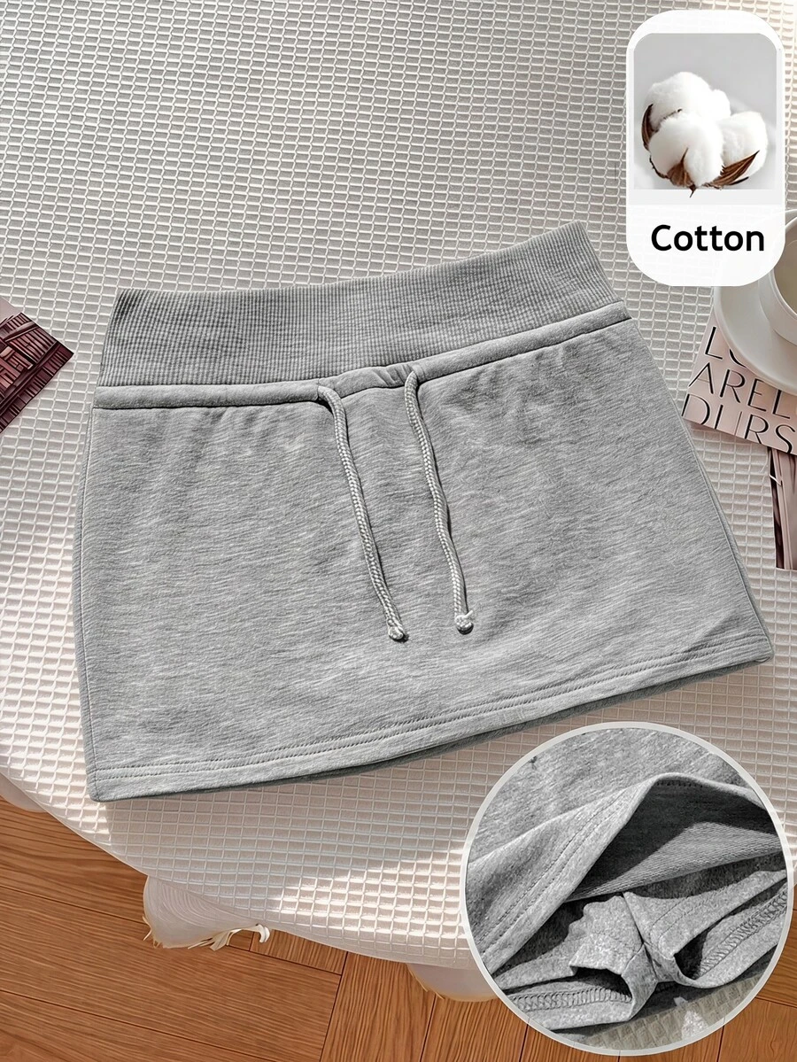 SHEIN Kids Tween Girl Tween Girls Skirts Knitted Solid Light Grey Built-In Leggings Casual Drawstring Sporty Skirt - Light Grey - View 1