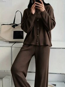 Louniche Women's Coffee-Colored Vertical Ribbed Knit Set, Lapel Heart-Shaped Button Short Cardigan + Wide-Leg Long Pants, Soft And Loose Fit, Suitable For Home Leisure And Daily Outfits - Coffee Brown - View 5